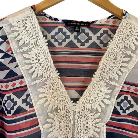 Signature Studio Tribal Blouse XL Sheer Geometric Multi Patterned Crochet Trim - Picture 5 of 7